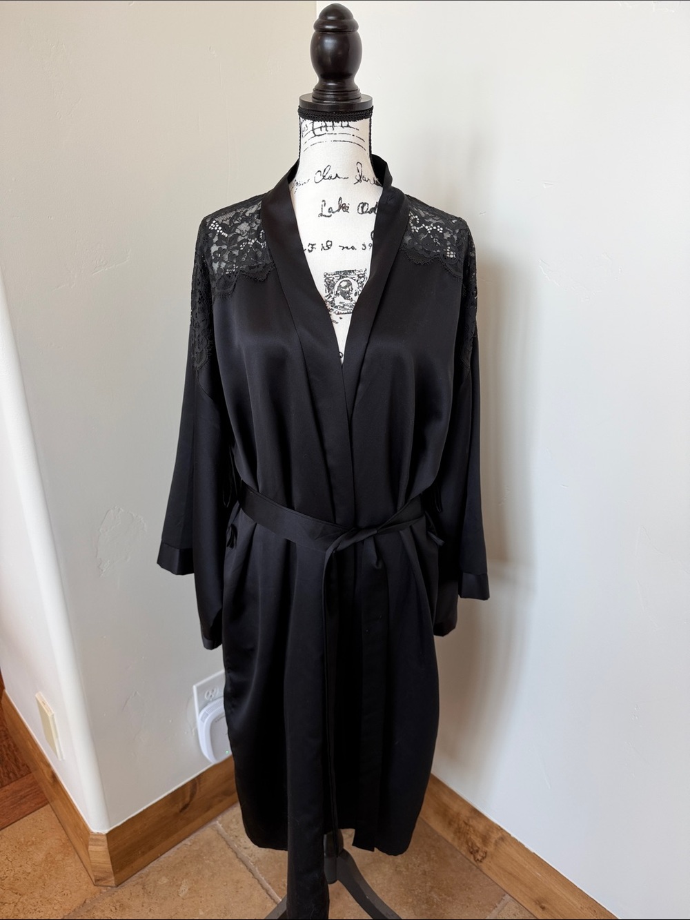 Cacique Black Satin Robe with Lace Shoulder Detail